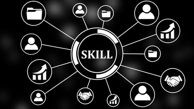 Business Professional Analyzing Skill Development and Personal Management Trends Chart Animation 4K, Digital Technology Professional Skillset Platform Graph on Particle Background. 4k video