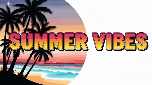 Animated retro text 'summer vibes' slides across a tropical sunset beach with silhouetted palm trees and rolling ocean waves in pastel hues