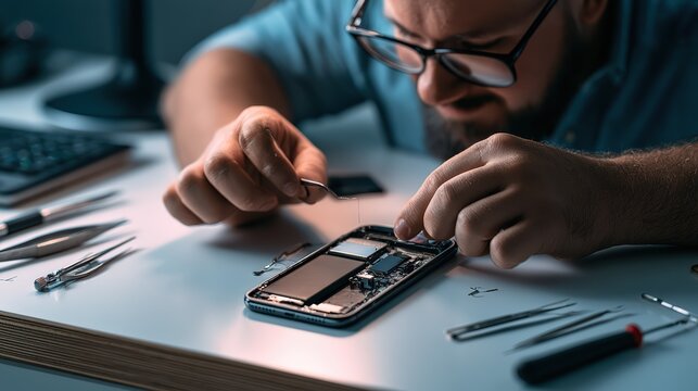 Focused Technician Repairing a Modern Smartphone on a Workbench