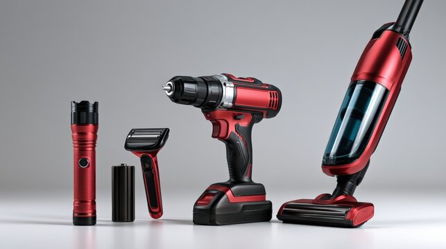 Collection of Modern Cordless Power Tools and Home Devices Displayed