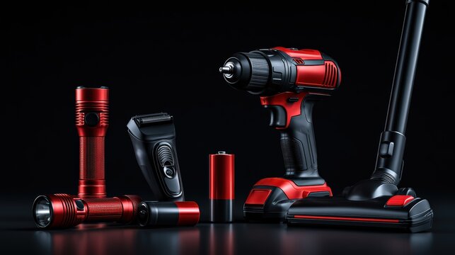 Cordless Power Tools and Batteries on Dark Surface for Efficiency