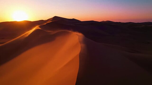 Expansive desert dunes under a warm sunset glow, dramatic natural landscape, conveying vast solitude and serene beauty, perfect for travel or cinematic visuals