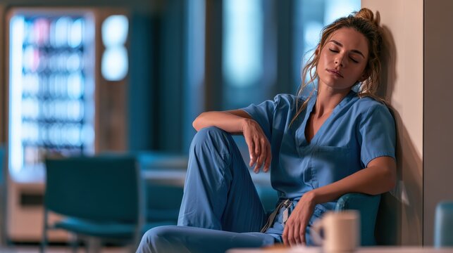 Exhausted Healthcare Worker in Scrubs Leaning Against a Hospital Wall
