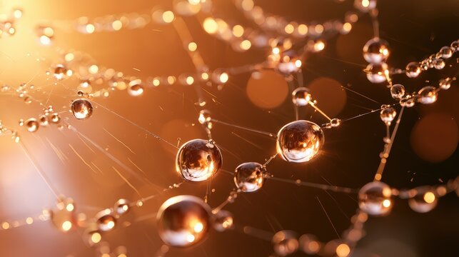 Shimmering Water Droplets on Spider Web at Golden Hour