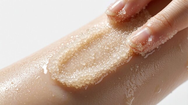 Close up of a hand applying granular body scrub to smooth skin. Product gently buffs away dead cells for a soft healthy glow. Exfoliation treatment reveals refreshed complexion.