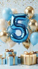 Fototapeta premium Blue number five balloon stands above pile of gift boxes. Gold, light blue balloons float with gold confetti in background. Festive party decor for fifth birthday celebration with luxury presents,