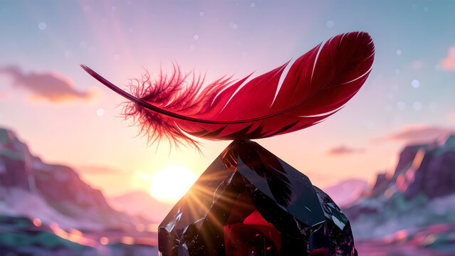 A single red feather balanced perfectly on a dark crystal against a sunset sky.