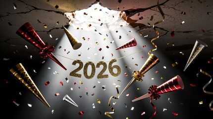 Fototapeta premium Golden year 2026 numbers glitter, surrounded by festive party horns, streamers, and confetti falling through a ceiling hole. Light beams illuminate celebratory scene.