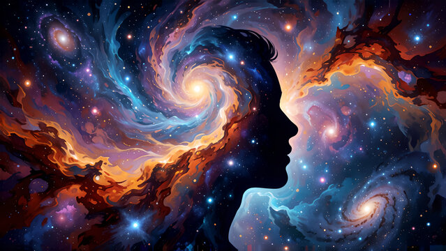 Human silhouette profile merging with a swirling cosmic galaxy and nebula background.