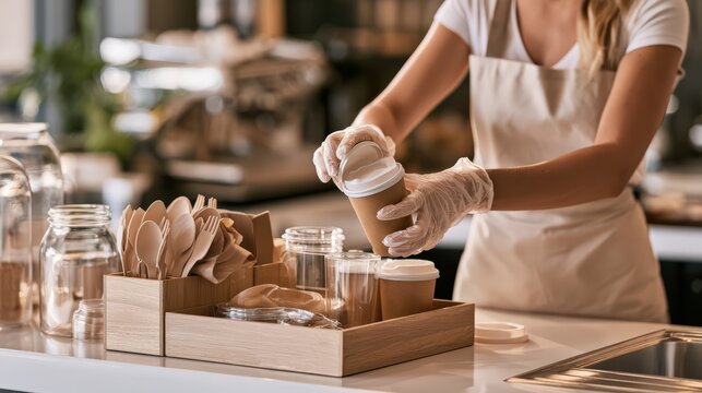 Barista Preparing Coffee in Eco-friendly Cafe with Disposable Cups