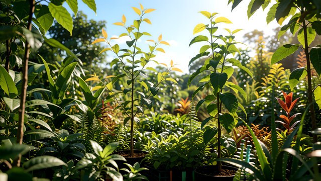 Young green plants growing in pots at a sunny plant nursery garden.