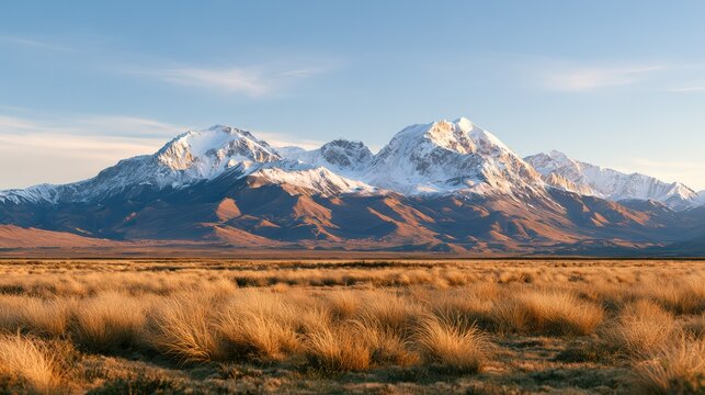 Golden Grass Field Leading to Majestic Snow-capped Mountains at Sunset