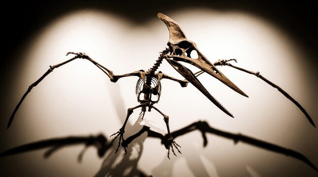 Pteranodon skeleton hangs in museum. Prehistoric reptile fossil shows wingspan on white background. Ancient animal bone structure inspires science education and biotech research.
