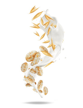 Levitating cereals oat flakes with milk splashes close-up in the air isolated on a white background
