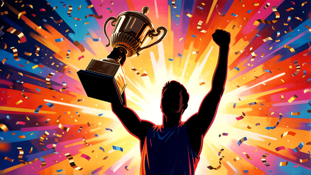 Silhouette of a victorious person holding a golden trophy cup amidst colorful confetti explosion.