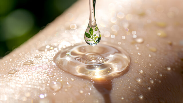 A clear water drop reflecting a green leaf falling onto human skin.