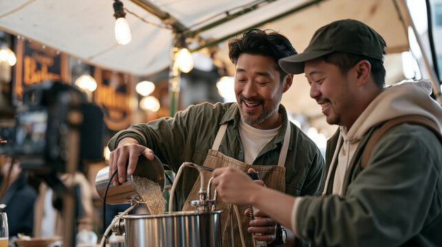 A lifestyle vlogging duo filming their home brewing beer kit setup under rain streaked awning lights, one partner pouring pale malt into a fermenter while the other adjusts the
