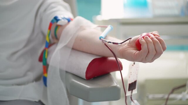 Person donating blood squeezing a red ball