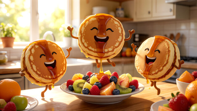 Cheerful cartoon pancakes with happy faces jumping over a bowl of fresh fruit.