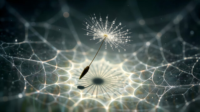 A single dandelion seed resting delicately on a glowing intricate spider web.