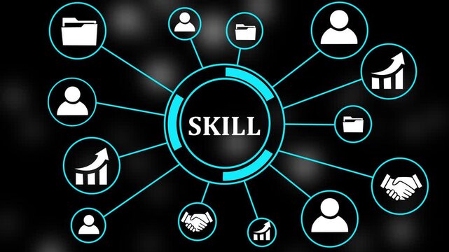 Business Professional Analyzing Skill Development and Personal Management Trends Chart Animation 4K, Digital Technology Professional Skillset Platform Graph on Particle Background. 4k video