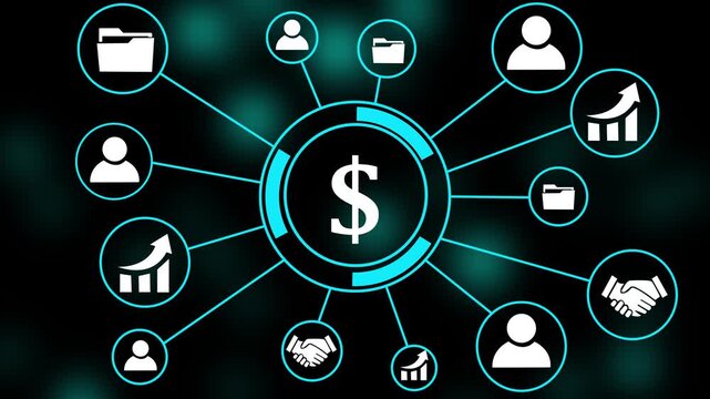 Business Professional Analyzing Financial Market and Dollar Investment Trends Chart Animation 4K, Digital Technology Banking Eco-System Platform Graph on Particle Background. 4k video