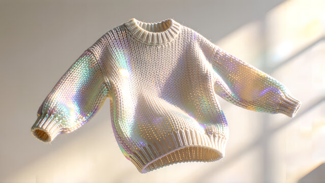 A stylish white knitted sweater with holographic light reflections floating against a soft neutral background.