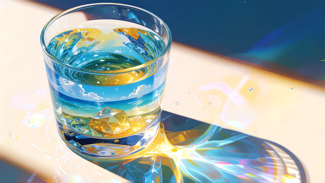 A glass of water reflecting a beautiful blue sky and beach scene.