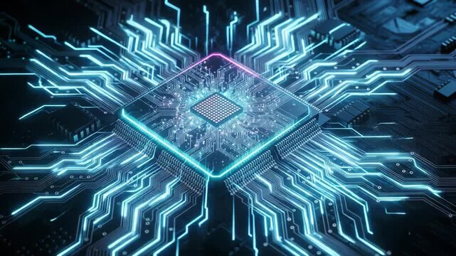 Futuristic computer processor sending neon digital signals
