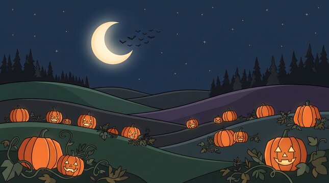 Glowing jack o lanterns in a pumpkin patch under a crescent moon at night