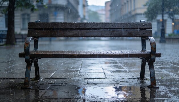Rainy Day Solitude: An empty park bench sits on a wet cobblestone street as rain falls heavily, reflecting the somber mood of an urban downpour.