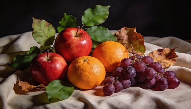 Still Life Harvest: A vibrant still life arrangement featuring ripe red apples, juicy oranges, and plump purple grapes, accented by fresh green leaves and dried autumnal foliage.