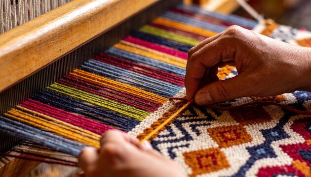 Intricate Tapestry Weaving: Close-up view of hands skillfully weaving a vibrant tapestry on a wooden loom, showcasing intricate patterns and colorful threads, a testament to traditional craftsmanship.
