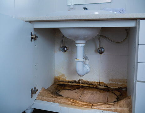 Leaking P-trap under a bathroom vanity causing water damage.