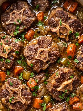 Top-down potrait of braised oxtail stew displaying a rich pattern and hearty texture of meat and vegetables for culinary websites, restaurant menus, and food blog articles.