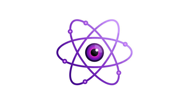 Purple atom icon with central eye symbol for science and technology digital concepts