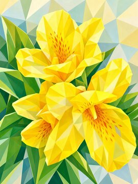 A vibrant yellow floral card in a cubist expressionist style, this vibrant botanical image offers a joyful spring concept with geometric petals, lush green foliage, and a vibrant decorative compositio