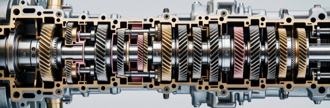 Cutaway view inside transmission gears. Metal components and shafts create complex mechanical system. Detailed view shows intricate workings of vehicle gearbox.