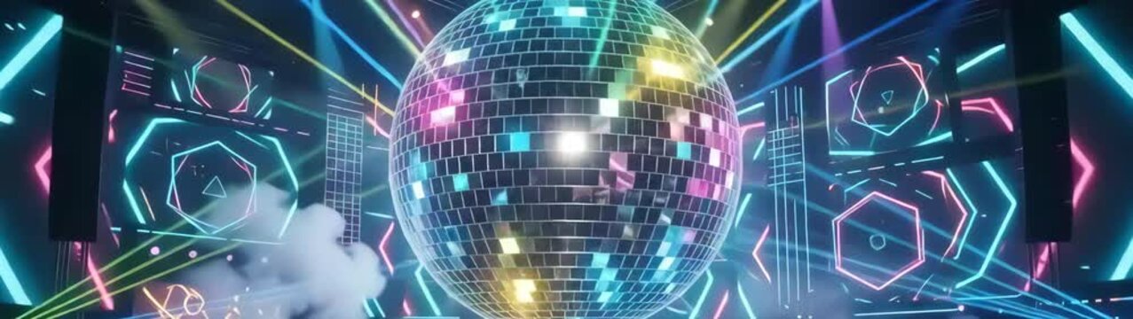 Disco ball illuminating a club atmosphere with colorful lasers and neon geometric shapes, setting a party scene.