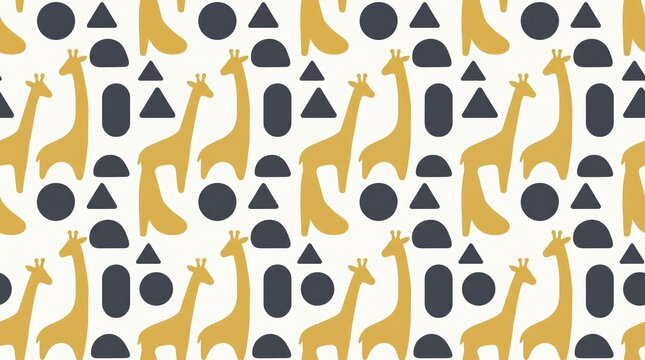 Abstract giraffe pattern, playful geometric shapes, mustard yellow and dark gray on white background, seamless design, children's fabric, wallpaper, or digital paper