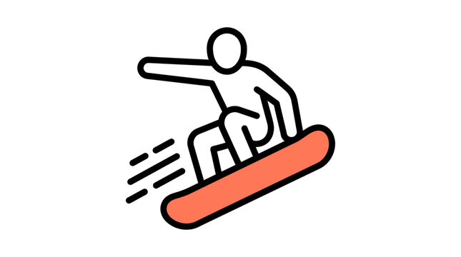 Minimalist vector graphic illustration featuring an active snowboarder performing a dynamic winter sport jumping action maneuver