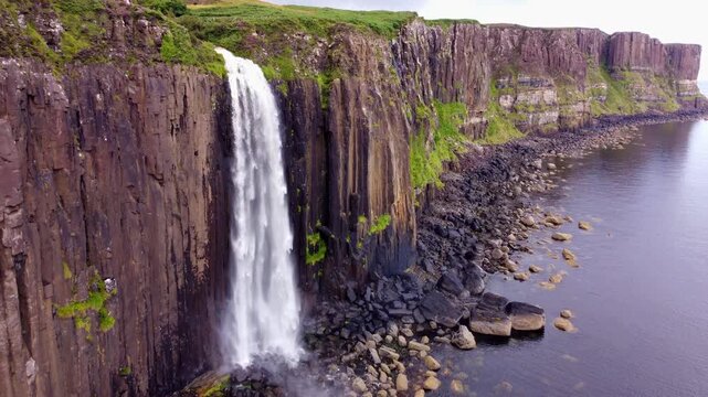 Aerial View of Mealt Falls Cascading into the Sea at Kilt Rock, Isle of Skye