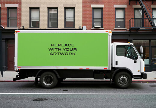 Delivery truck mockup with side panel displaying text, parked on a city street in front of brick buildings, Template, urban commercial vehicle branding presentation