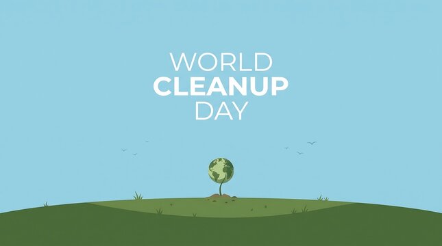 World Cleanup Day concept with earth globe as a small sprout growing on a green hill under a clear blue sky for environmental hope