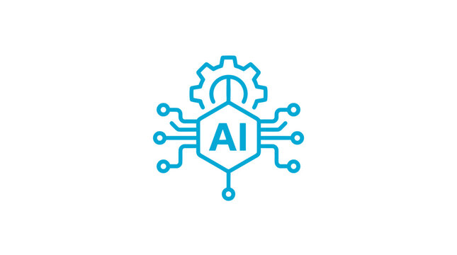 Blue vector illustration featuring a modern artificial intelligence icon with circuitry nodes and mechanical gear elements