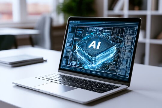 Computer displays AI design in a workspace during the day with natural light coming through