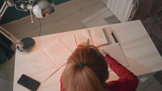 Young woman with light brown hair tied in ponytail wearing. Woman writes on lined paper while referencing open books. Background includes light colored curtains or wall panels
