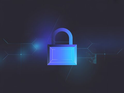 Digital security concept with glowing blue padlock on dark technological