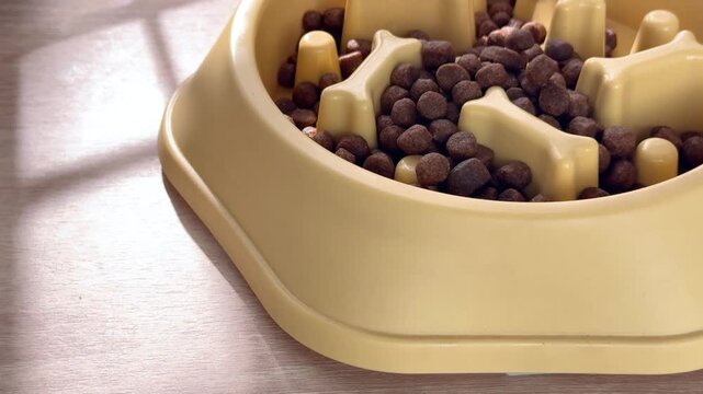 Pouring dry kibble into a yellow slow feeder dog bowl