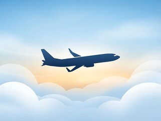 Naklejka premium Silhouette of a commercial passenger airplane flying high above white fluffy clouds at sunrise